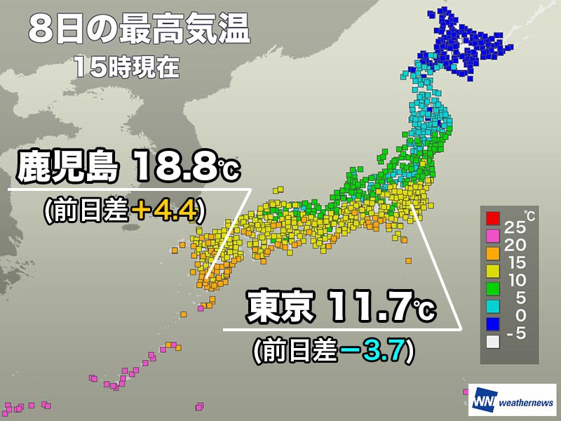 西日本太平洋側は15℃を超え春の陽気　関東は北風の冷たい一日に