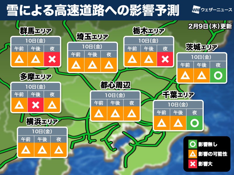 10日(金)は関東平野部でも雪　高速道路・鉄道への影響は（9日更新）