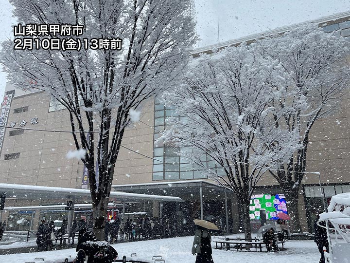 山梨県甲府は9年ぶりの大雪　東京の都心部は雪から雨に変わる