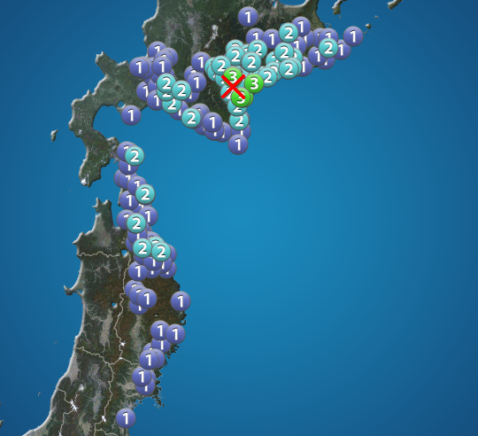 道東で震度3の地震発生