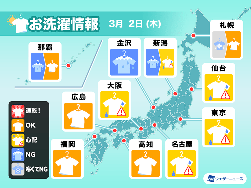 3月2日(木)の洗濯天気予報　日本海側は雨降りやすく、太平洋側も心配