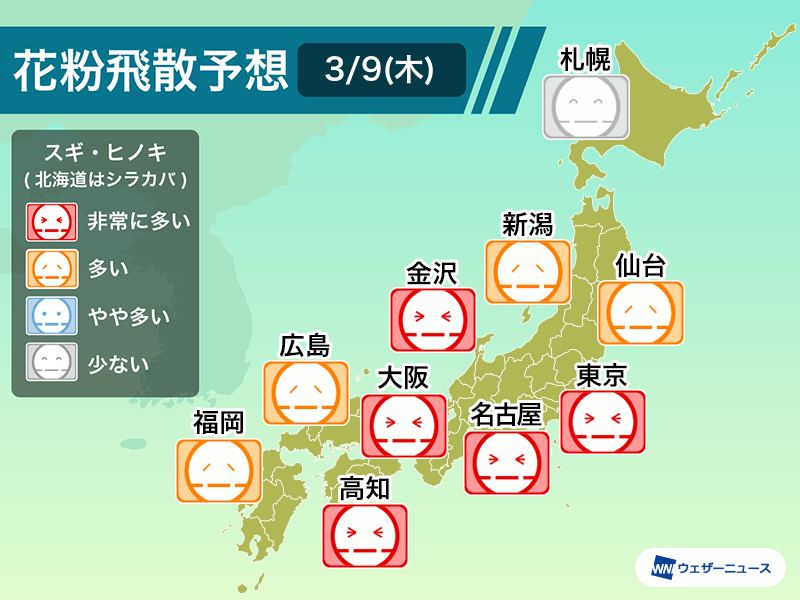 関東から近畿で花粉が非常に多く飛散する予想　花粉症対策を万全に