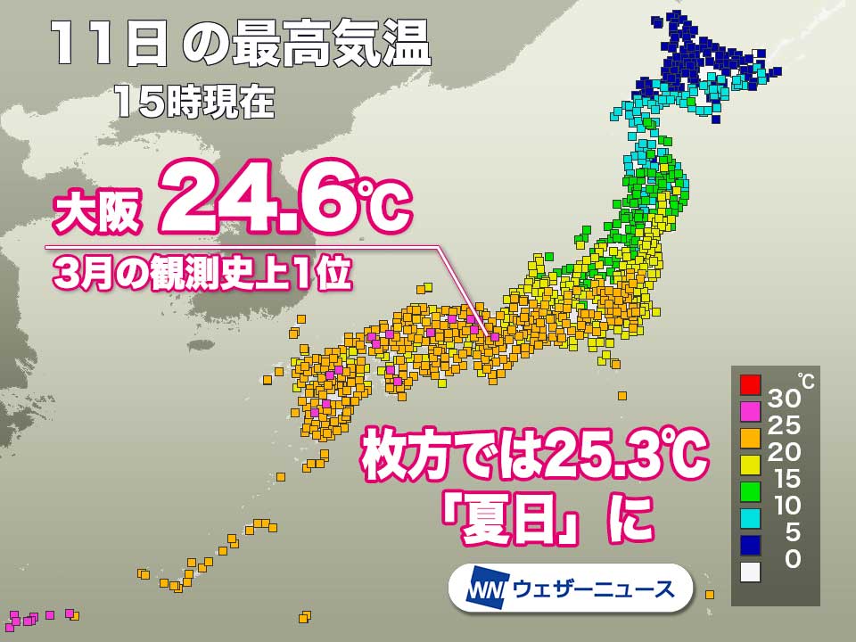 大阪で24.6 ℃　3月の歴代最高気温を更新　全国的に春本番の暖かさに