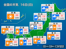 今日16日(日)の天気　関東以西は雷雨など注意　北日本は風雨強まる