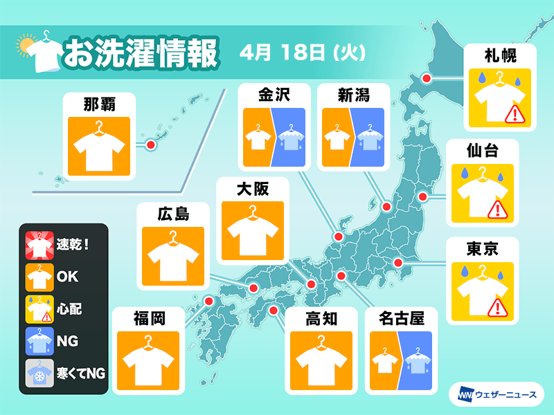 4月18日(火)の洗濯天気予報　日本海側は部屋干し推奨　関東も外干し心配