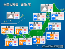 明日5月8日(月)の天気　連休明けの朝は関東で強雨　北日本は雪のところも
