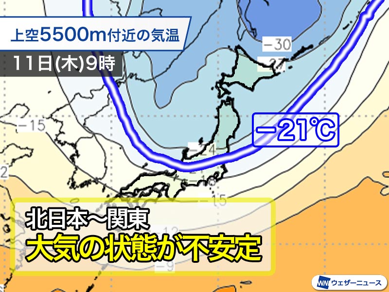 明日10日(水)から上空の寒気が通過　関東も11日(木)は天気急変に注意