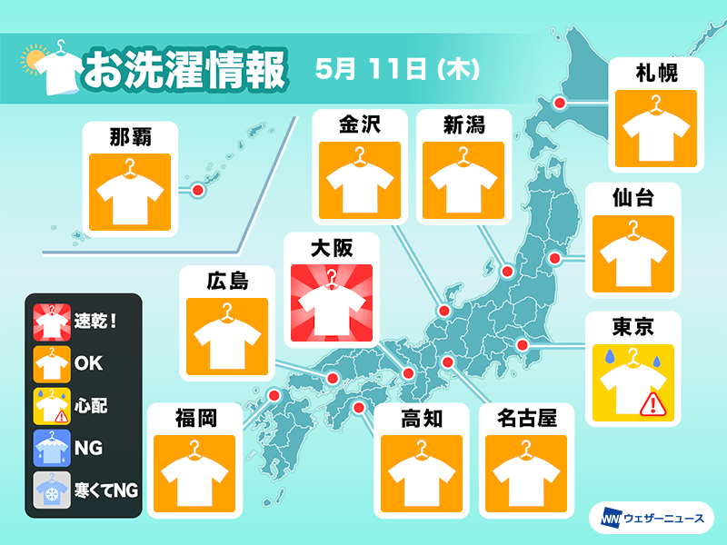 5月11日(木)の洗濯天気予報　ほぼ全国で外干し日和も、関東は雨が心配