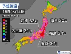 東京や名古屋など連日の真夏日予想　熱中症対策を