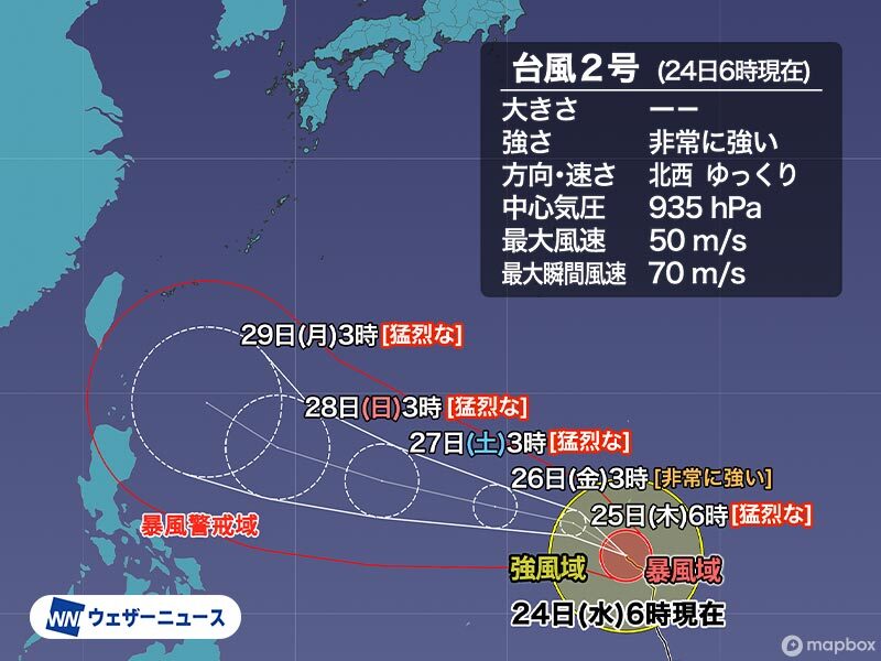 台風2号 今後は猛烈な勢力へ発達予想　来週の進路に注意