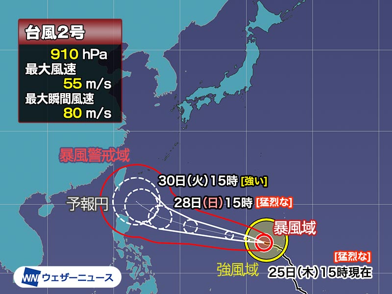 猛烈な台風2号　中心気圧は910hPaに　来週の進路に要注意