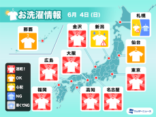 6月4日(日)の洗濯天気予報　関東以西は貴重な洗濯日和