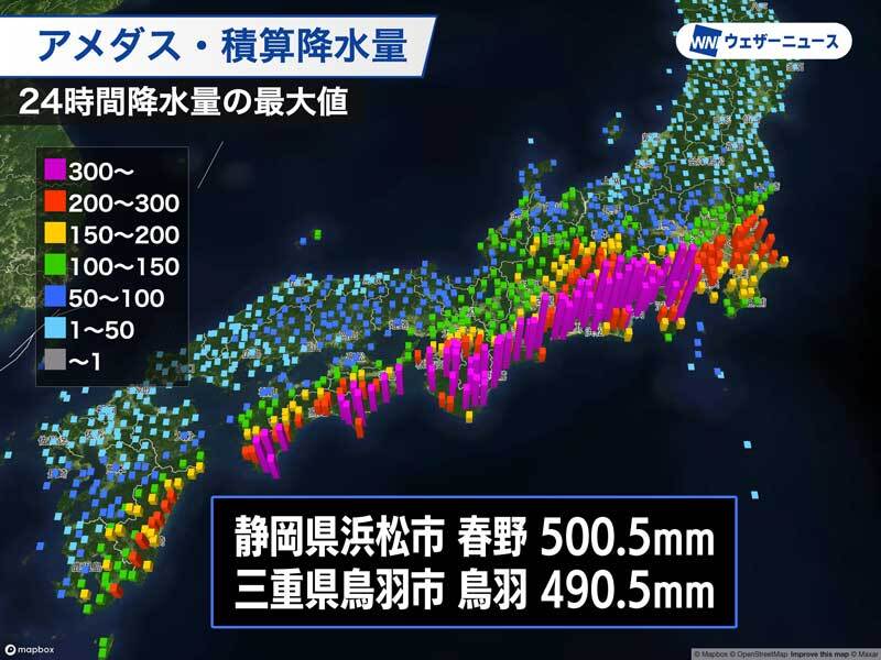 東海を中心に1か月分の倍近い大雨　東京は台風直撃と同等の降水量に