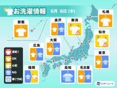 6月8日(木)の洗濯天気予報　西日本や東日本は外干しには不向きな空