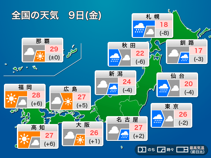 6月9日(金)の天気　関東や東海は通勤通学時間に雨が強まる　西から天気は回復へ