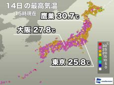 関東以西は蒸し暑い　東北日本海側で30℃以上を観測