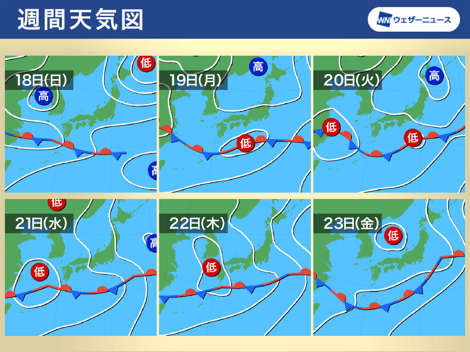 来週は次第に梅雨空が戻る　梅雨前線の動きで雨の範囲が変化