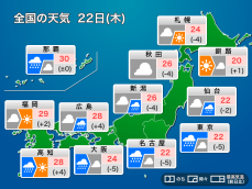 今日22日(木)の天気　雨の範囲が東へ広がり、関東は次第に本降りの雨に
