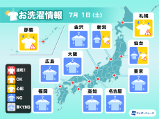 7月1日(土)の洗濯天気予報　全国的に外干し厳しく