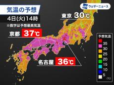 京都で37℃、名古屋は36℃と猛暑日予想　今日は今年一番の厳しい暑さに