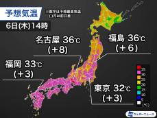 明日は西日本～東北で厳しい暑さ　名古屋や福島で猛暑日予想