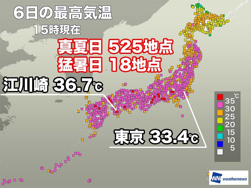 500地点以上が真夏日で体温並みの所も　明日は関東、東北で暑さ続く