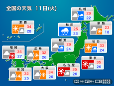明日11日(火)の天気予報　関東以西は暑さと天気急変　北日本は強雨や雷雨に注意