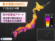 熱中症警戒アラート　東京都など今年最多の20都県に発表（今日11日(火)対象）