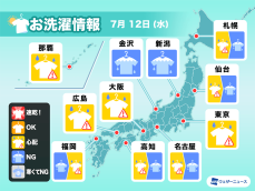 7月12日(水)の洗濯天気予報　日本海側は雨降りやすく、太平洋側もにわか雨に注意