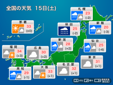 今日15日(土)の天気予報　三連休初日は東北で大雨　関東以西は蒸し暑い