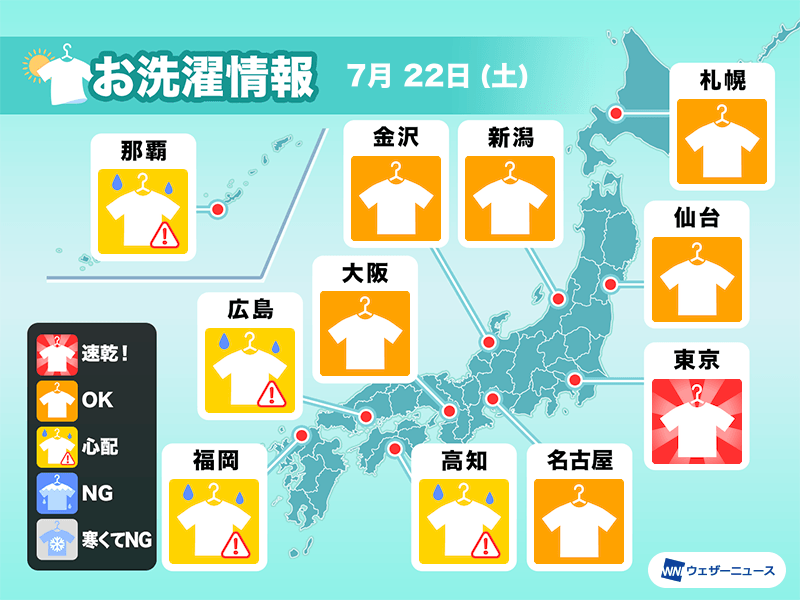 7月22日(土)の洗濯天気予報　関東は絶好の外干し日和！