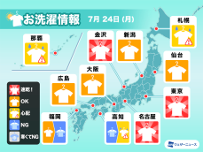 7月24日(月)の洗濯天気予報　九州や北海道は外干し注意