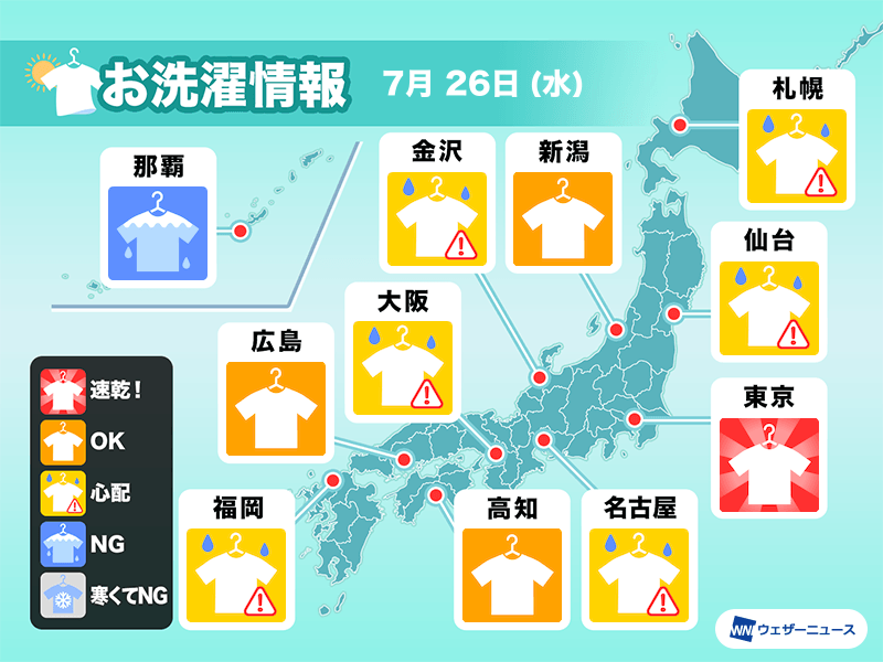 7月26日(水)の洗濯天気予報　東京は速乾　近畿や東海などは外干し注意