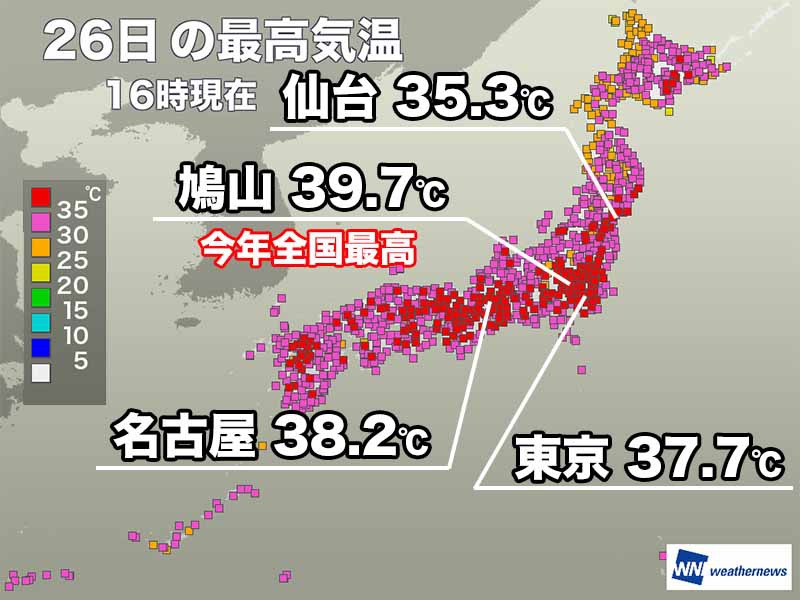 200地点以上が猛暑日で今年最多　東京や名古屋も体温超えの暑さ