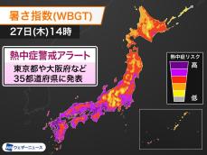 熱中症警戒アラート　東京都など計35都道府県に発表　今年最多（27日(木)対象）
