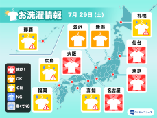 7月29日(土)の洗濯天気予報　広く洗濯日和　西日本太平洋側は天気急変に注意