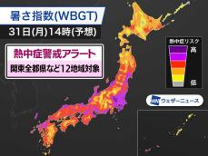 関東全都県など12地域に熱中症警戒アラート（明日31日(月)対象）
