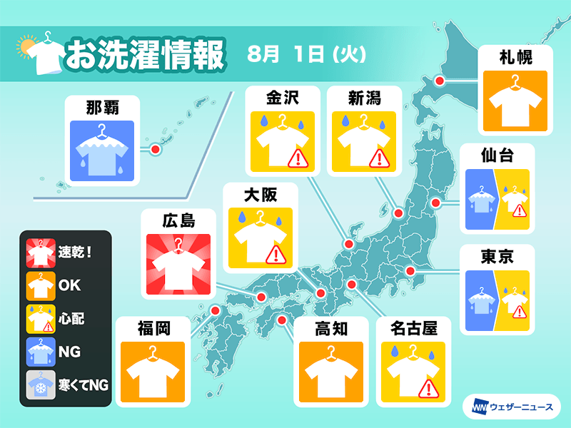 8月1日(火)の洗濯天気予報　関東など広域で部屋干しが安心