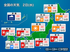 今日2日(水)の天気予報　広範囲で猛暑続く　沖縄は長時間の暴風雨に警戒