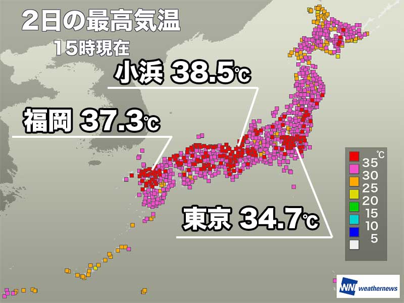 日本海側で体温超えの暑さ　関東も内陸部を中心に猛暑日
