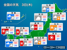 明日3日(木)の天気予報　関東から九州で猛暑　沖縄は台風の影響続く