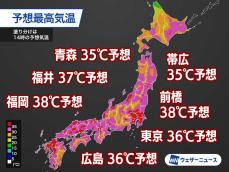 北海道〜九州の広範囲で35℃以上の猛暑日予想　熱中症予防を
