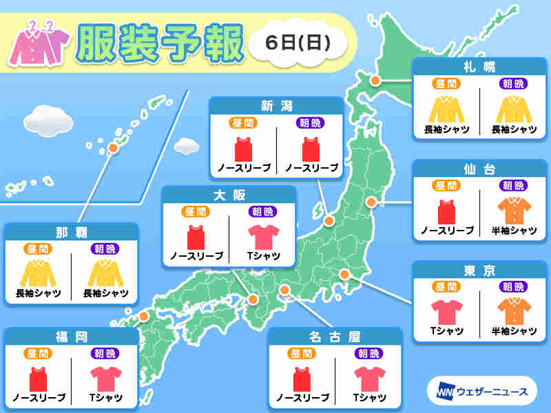 8月6日(日)　各地の気温変化と最適な服装