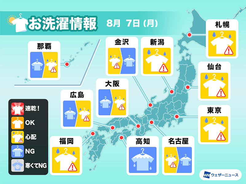 8月7日(月)の洗濯天気予報　全国的に外干しには不向きな週明け