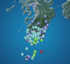 鹿児島県・宮崎県で震度3の地震発生