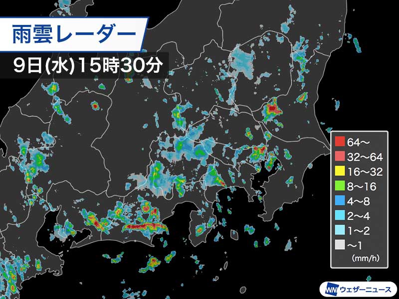 関東や東海は暖湿流で雨雲発達　局地的に雷を伴った強い雨