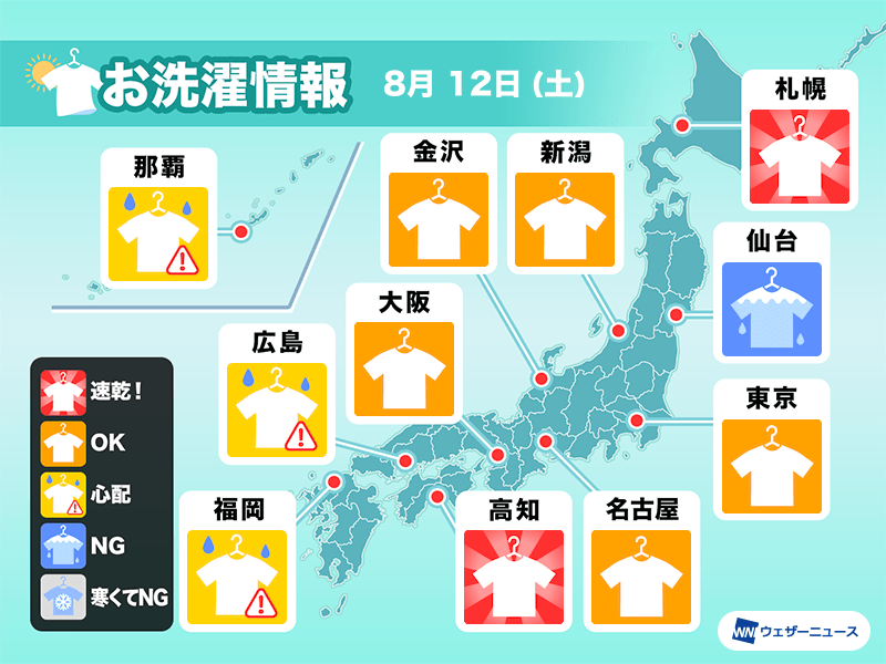 8月12日(土)の洗濯天気予報　近畿や四国は外干し日和