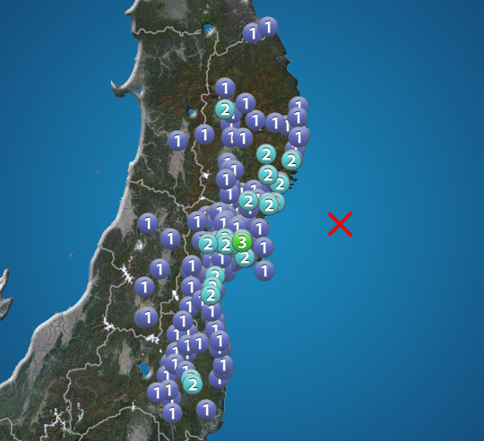 宮城県で震度3の地震発生