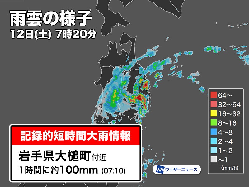 岩手県で1時間に約100mmの猛烈な雨　記録的短時間大雨情報