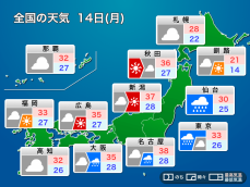 明日8月14日(月)の天気予報　近畿や東海は次第に台風の影響、関東も断続的に雨